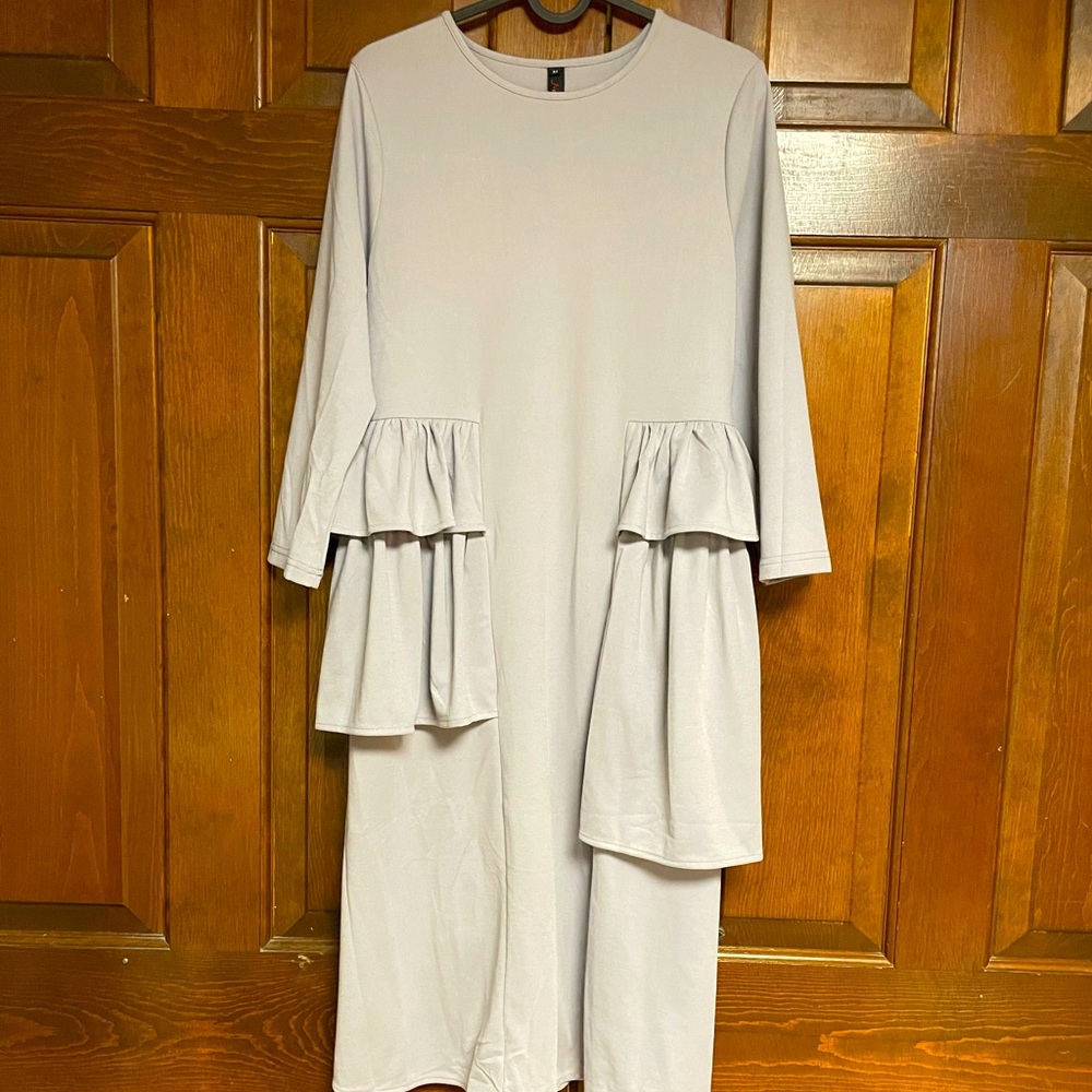 Long sleeve lavender shift dress with ruffle detail
